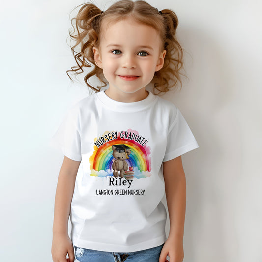 Personalised Nursery Graduation, Pre-School Leavers T-Shirt, Nursery Graduate Teddy Bear Rainbow