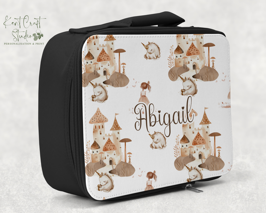Personalised boho lunch bag, Princess castle unicorn, Children's name school dinner, Lunch Box