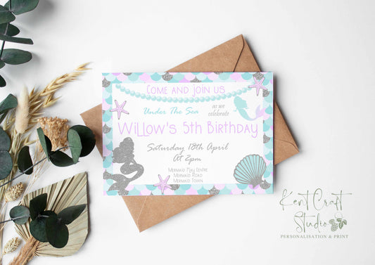 Personalised Mermaid Party Invitation & Envelopes