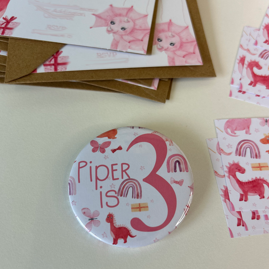 Personalised Pink Dinosaur Age Birthday Party Badge
