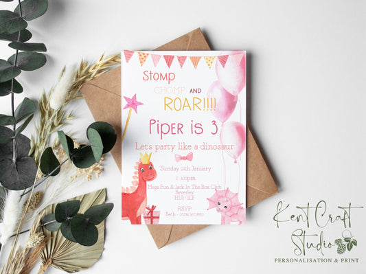 Personalised Pink Girls Dinosaur Party Invitation & Envelopes - Birthday - Limited Edition