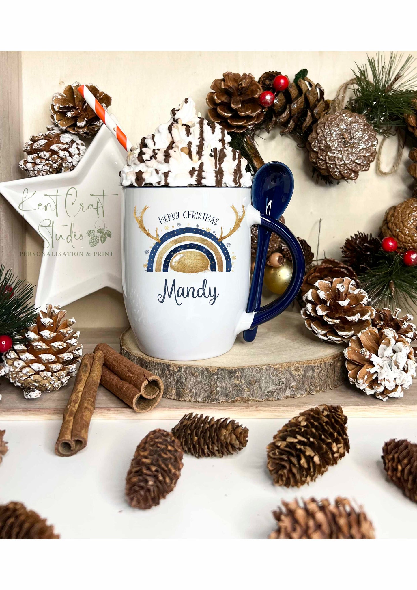 Personalised Christmas Eve Hot Chocolate Navy Spoon Mug - Reindeer Rainbow