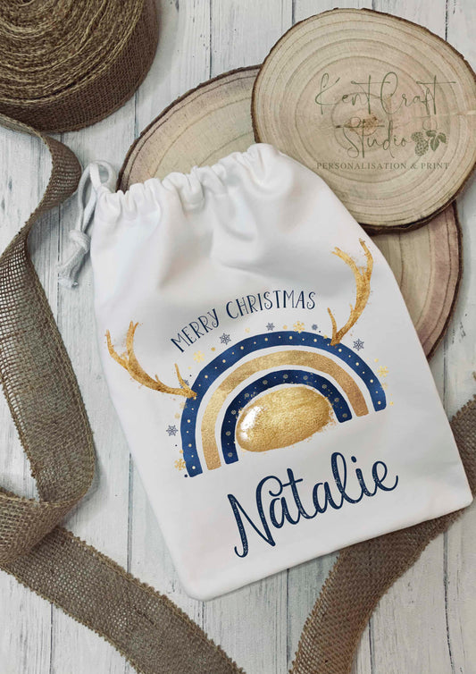 Personalised Christmas Eve Gift Bag - Drawstring - Reindeer Rainbow