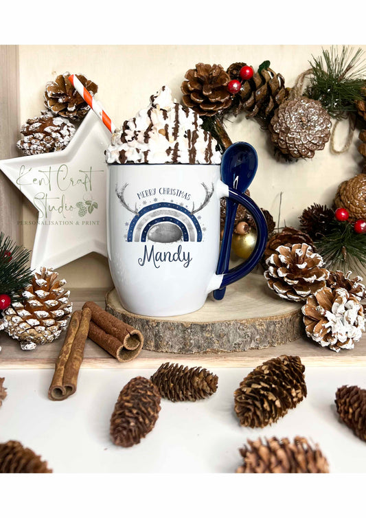 Personalised Christmas Eve Hot Chocolate Navy Spoon Mug - Reindeer Rainbow