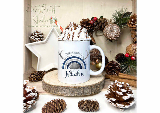 Personalised Reindeer Rainbow Mug - Navy