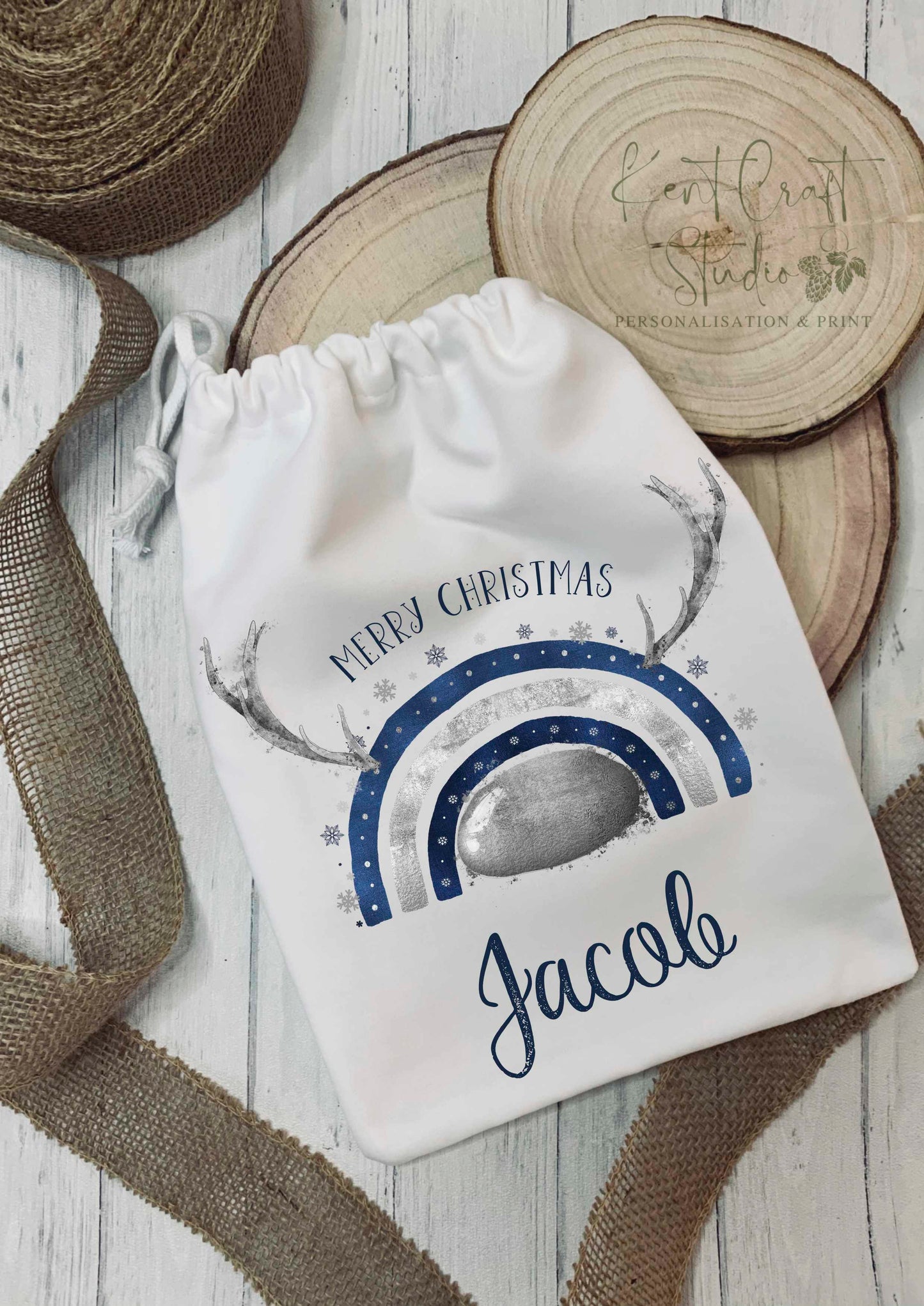 Personalised Christmas Eve Gift Bag - Drawstring - Reindeer Rainbow