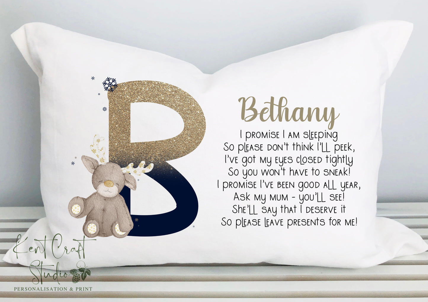 Personalised Gold Navy Reindeer Alphabet Pillow Case - Christmas Eve