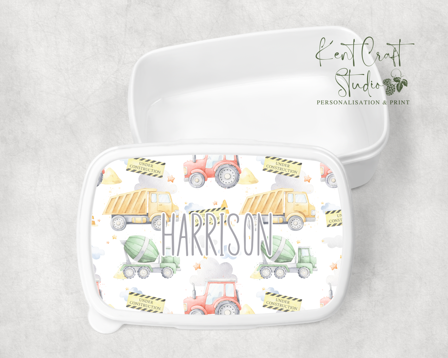 Personalised Construction Digger Theme Snack Box - Lunch box school set