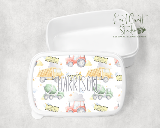 Personalised Construction Digger Theme Snack Box - Lunch box school set
