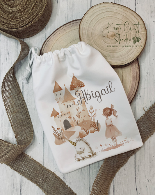 Personalised Neutral Unicorn Castle Drawstring Stuff Bag