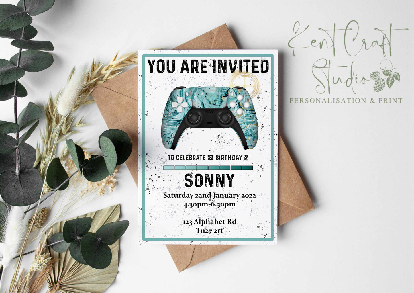 Personalised Unisex Teal Gaming Controller Birthday Party Invitations