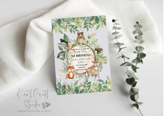 Personalised Woodland Animals Forest Party Invitation & Envelopes - Birthday - B